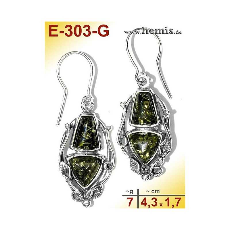 E-303-G Amber Earrings, silver-925, green, M, rustic, Leaf Decor