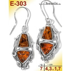 E-303 Amber Earrings, silver-925, cognac, M, rustic, Leaf Decor,