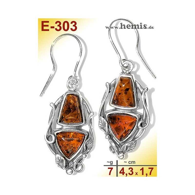 E-303 Amber Earrings, silver-925, cognac, M, rustic, Leaf Decor,