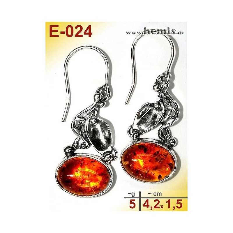 E-024 Amber Earrings, silver-925, cognac, M, rustic, Leaf Decor,