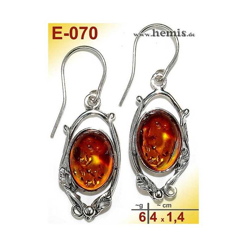 E-070 Amber Earrings, silver-925, cognac, M, rustic, Leaf Decor,