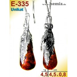 E-335 Amber Earrings, silver-925, cognac, M, rustic, Leaf Decor,