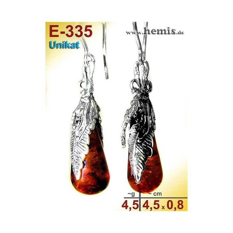 E-335 Amber Earrings, silver-925, cognac, M, rustic, Leaf Decor,