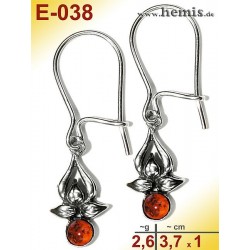 E-038 Amber Earrings, silver-925, cognac, S, rustic, Leaf Decor,