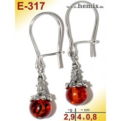E-317 Amber Earrings, old-silver-925, cognac, S, rustic, 