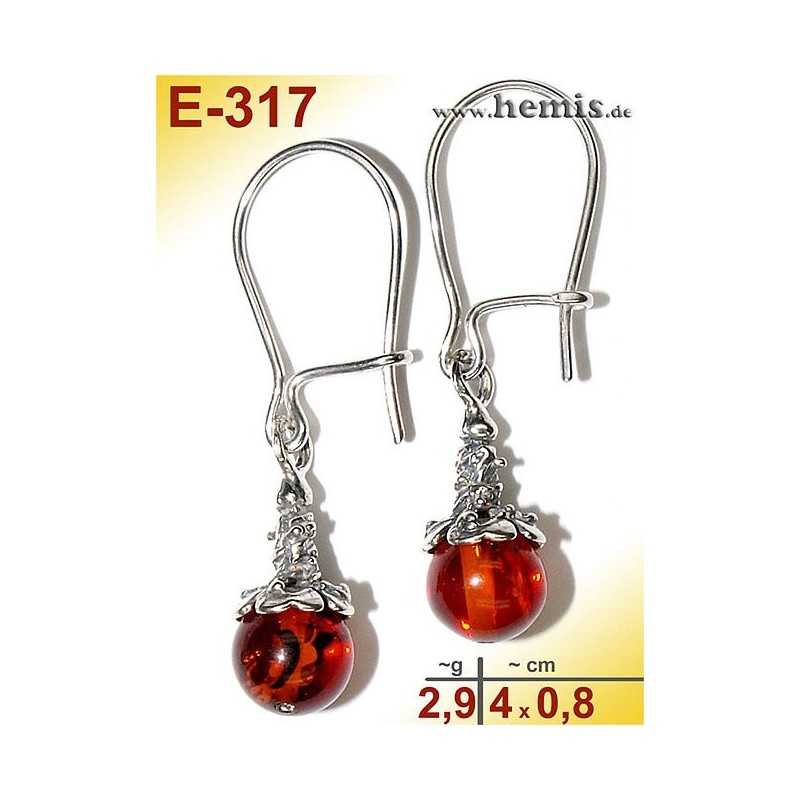 E-317 Amber Earrings, old-silver-925, cognac, S, rustic, 