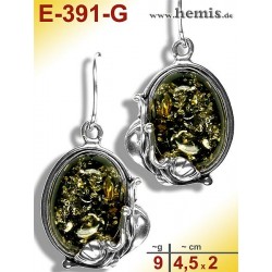 E-391-G Amber Earrings, silver-925, green, M, rustic, Leaf Decor
