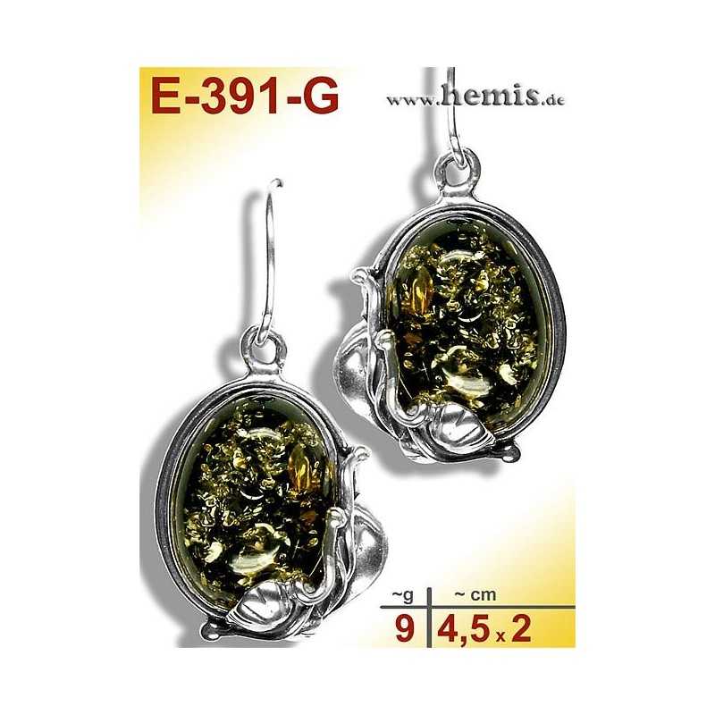 E-391-G Amber Earrings, silver-925, green, M, rustic, Leaf Decor