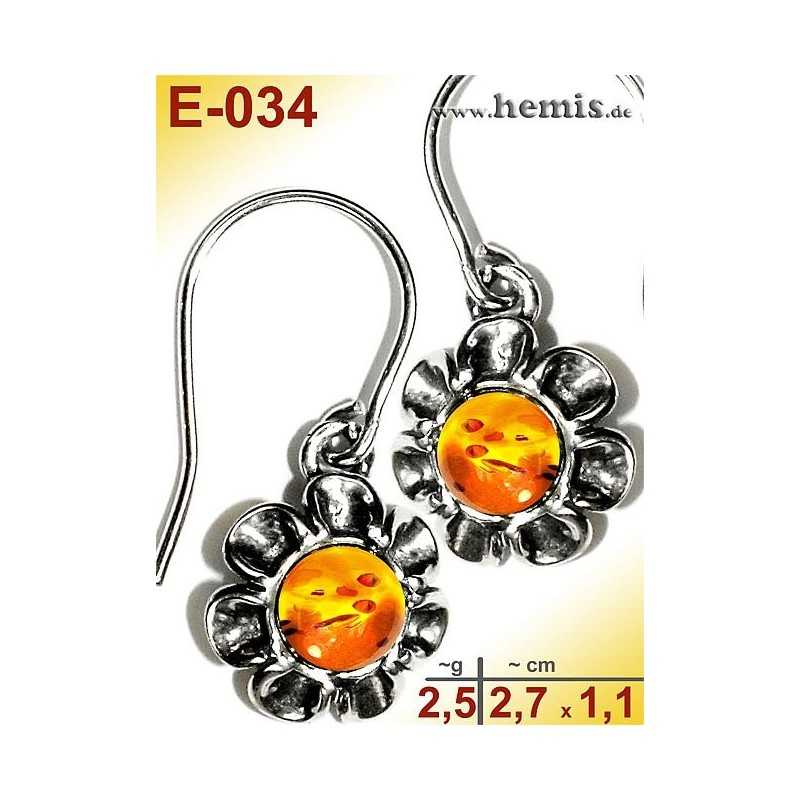 E-034 Amber Earrings, silver-925, cognac, flower, S, modern