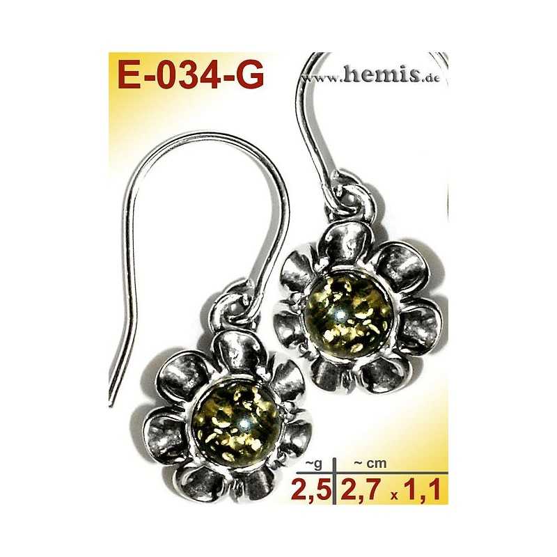 E-034-G Amber Earrings, silver-925, green, flower, S, modern
