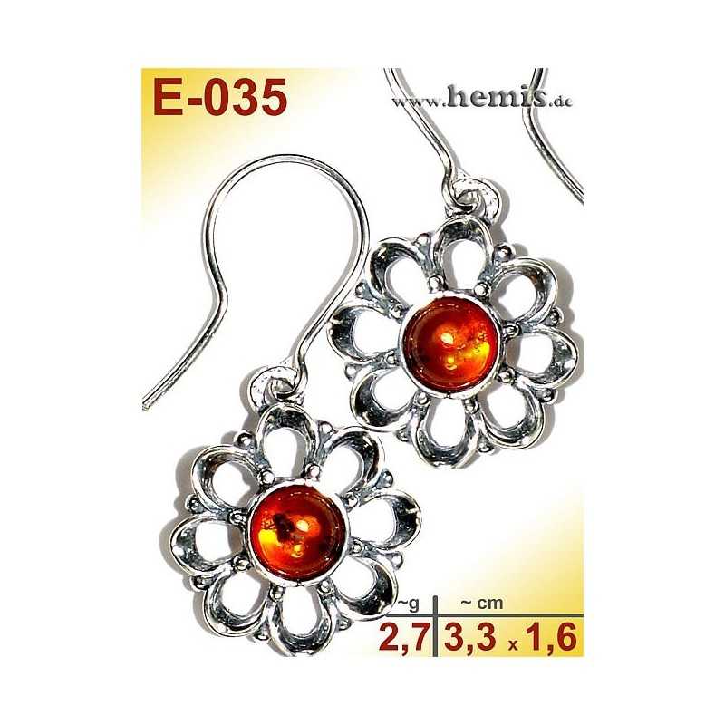 E-035 Amber Earrings, silver-925, cognac, flower, S, modern