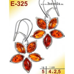 E-325 Amber Earrings, silver-925, cognac, flower, M, modern, pla