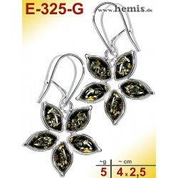 E-325-G Amber Earrings, silver-925, green, flower, M, modern, pl