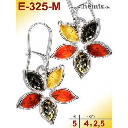 E-325-M Amber Earrings, silver-925, multicolor, flower, M, moder