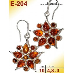 E-204 Amber Earrings, silver-925, cognac, flower, L, modern, pla