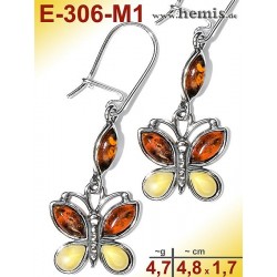 E-306-M1 Amber Earrings, silver-925, multicolor, Butterfly, M, m