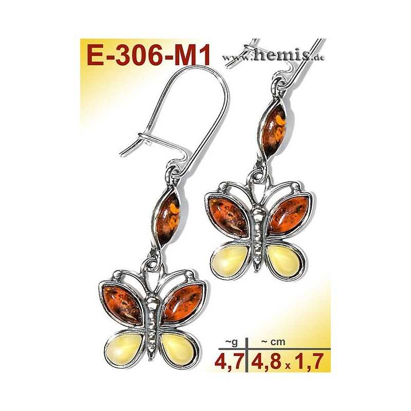 E-306-M1 Amber Earrings, silver-925, multicolor, Butterfly, M, m