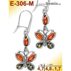 E-306-M Amber Earrings, silver-925, multicolor, Butterfly, M, mo