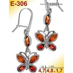 E-306 Bernstein-Ohrringe Silber-925, cognac, Schmetterling, M, m