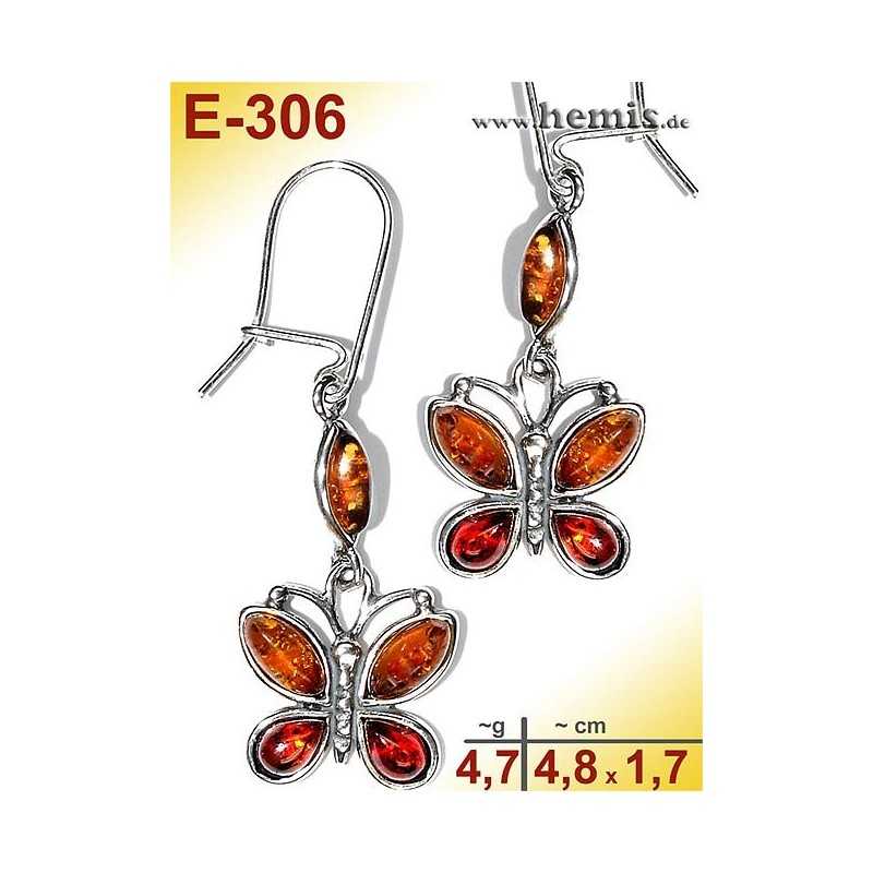 E-306 Amber Earrings, silver-925, cognac, Butterfly, M, modern, 
