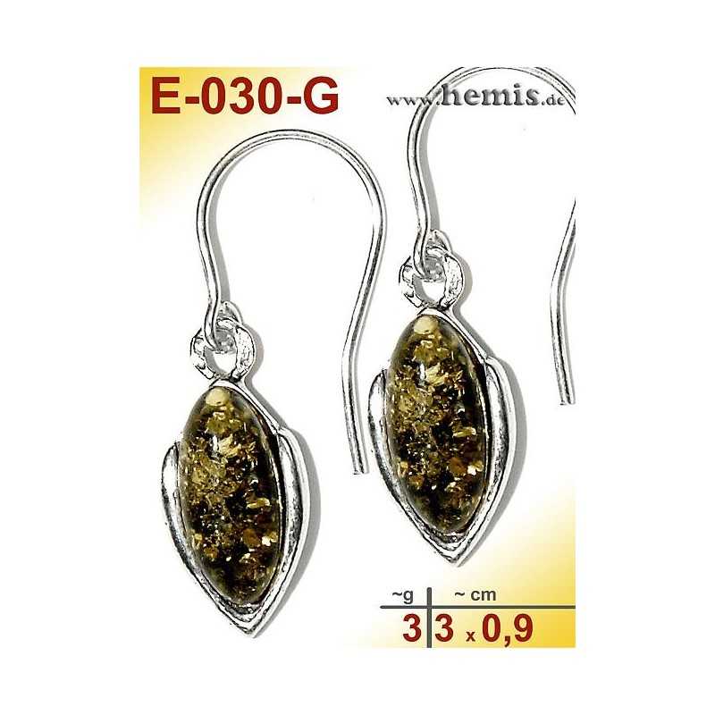 E-030-G Amber Earrings, silver-925, green, simple, S, modern, el