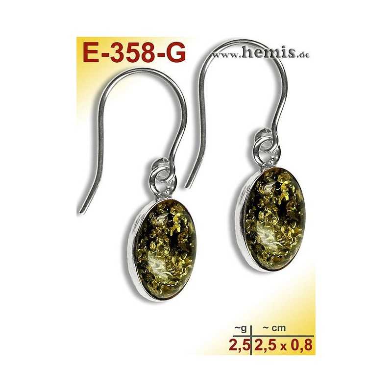 E-358-G Amber Earrings, silver-925, green, simple, S, modern, el