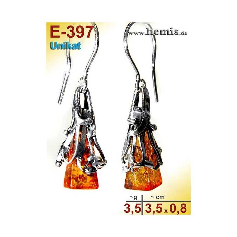 E-397 Amber Earrings, silver-925, cognac, M, rustic, elegant, 